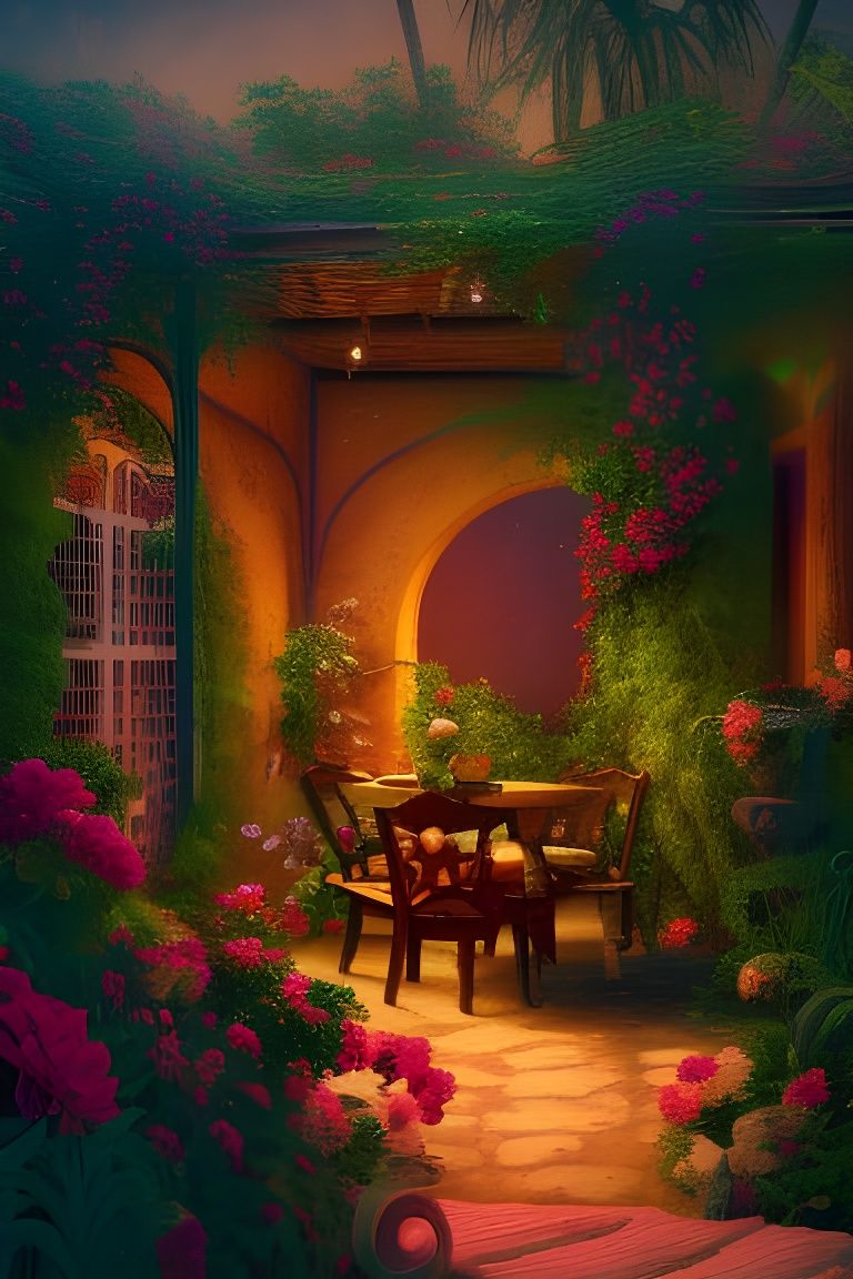 Mexican Country Garden Veranda in Digital Illustration