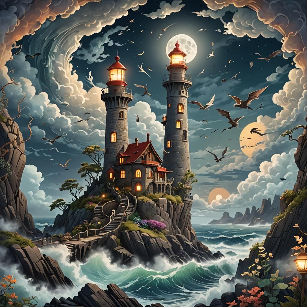 Fantasy Lighthouse with Dragon in Watercolor Style