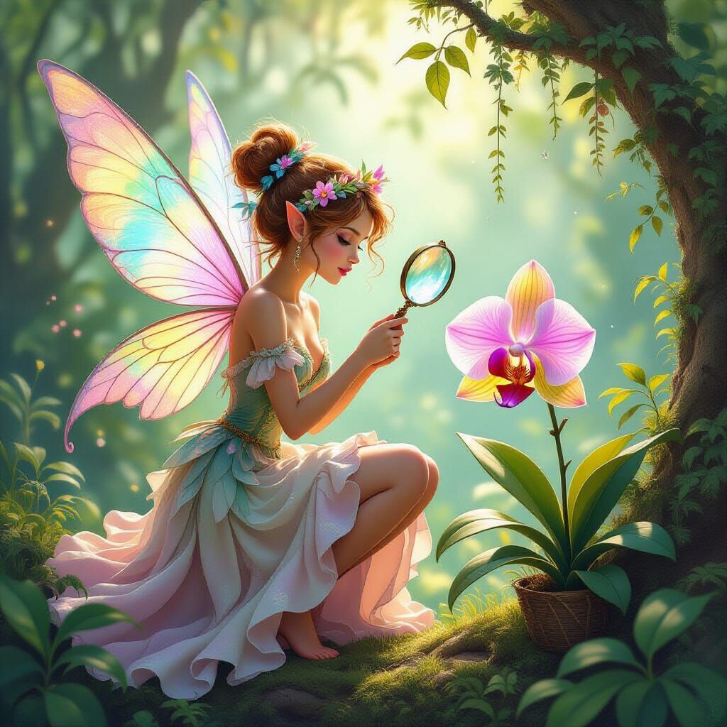 Pixie Botanist Studies Exotic Orchid in Rackham Style