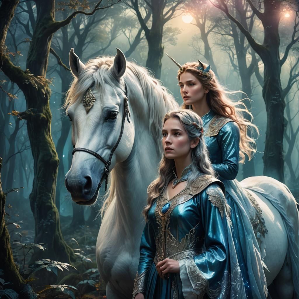 Mystical Unicorn and Lady in Moonlit Forest