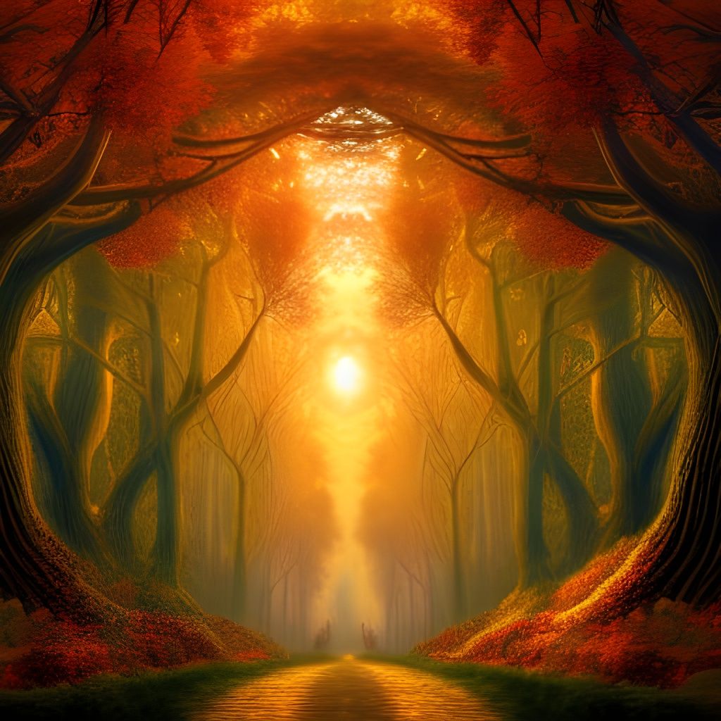 Enchanted Autumn Forest Tree Tunnel at Sunset