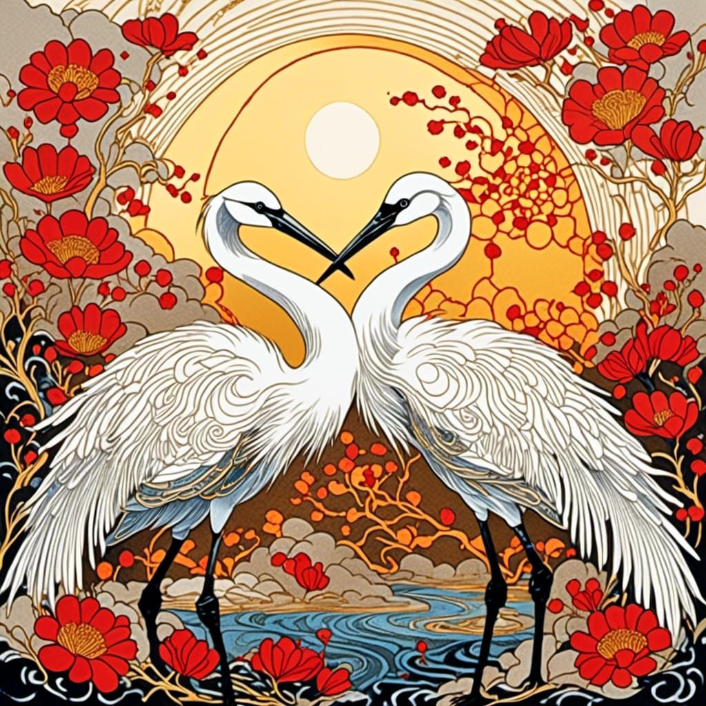 Dancing Chinese Cranes with Red Flowers