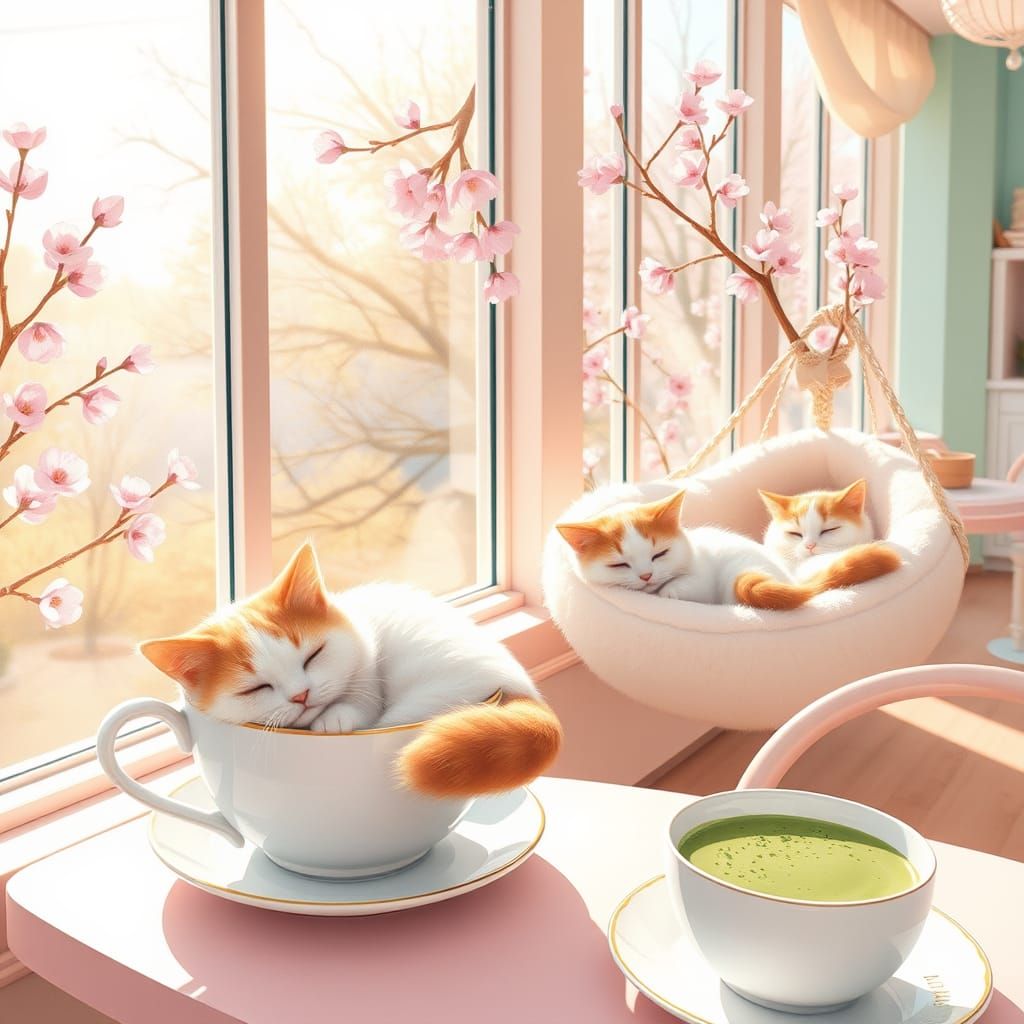 Whimsical Cat Café in Soft Pastel Hues and Warm Sunlight