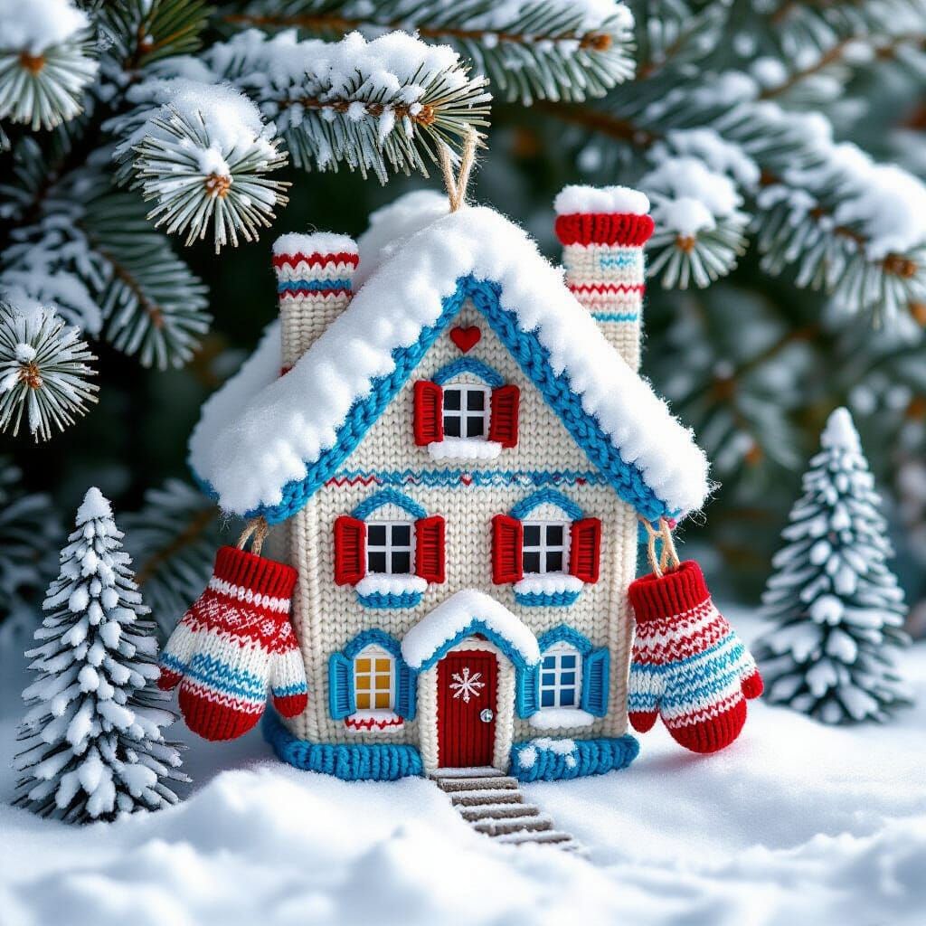 Fantasy Knitted Mittens House on Snowy Branch