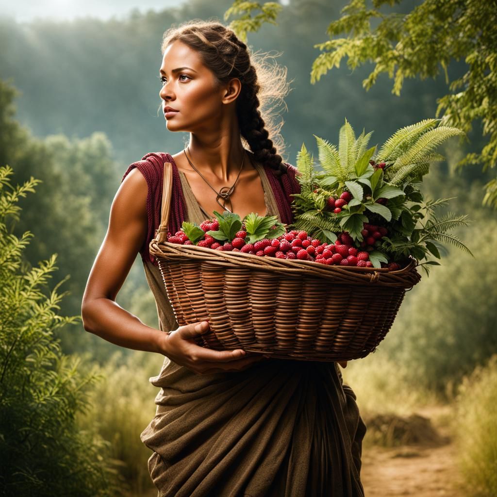 Prehistoric Woman Carrying Berries in Ancient Forest