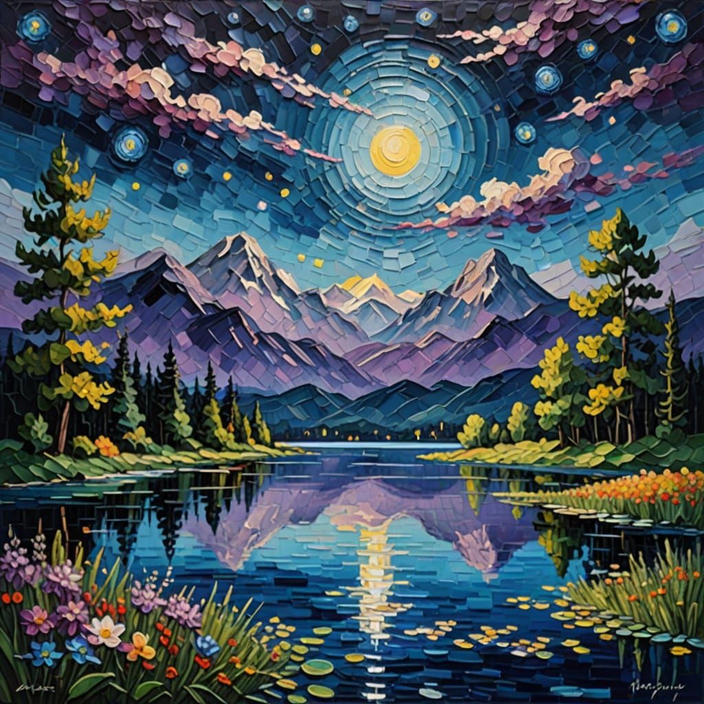 Impasto Starry Night Lake Landscape with Vibrant Flowers