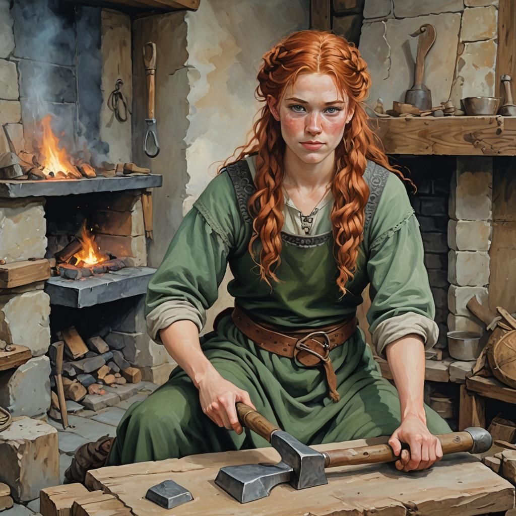 Norse Girl Crafts with Hammer in Post-Impressionism Style