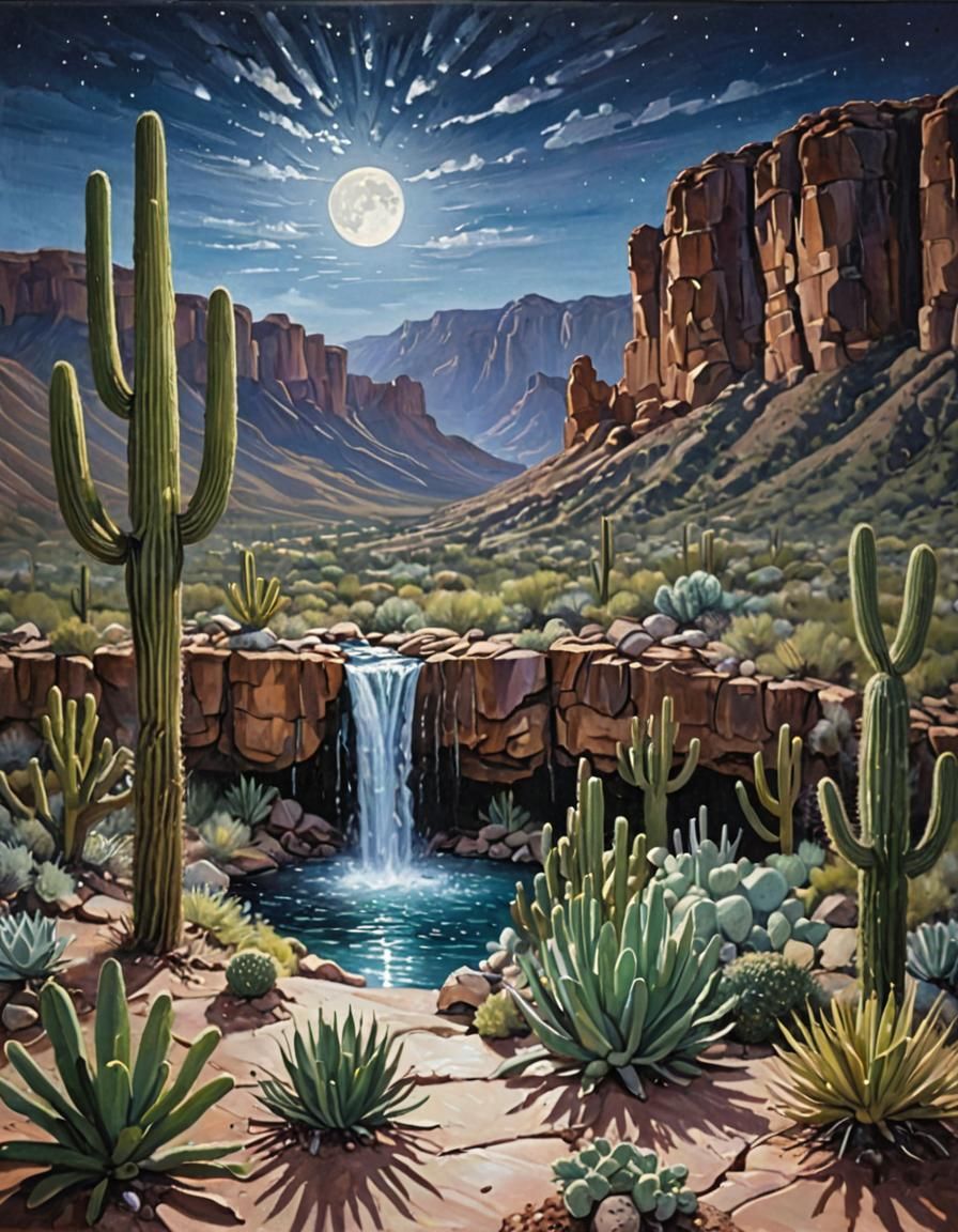 Desert Spring Waterfall Oil Painting at Night