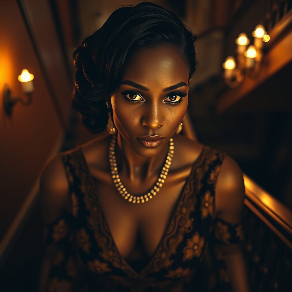 Elegant Brown Woman Ascends Grand Staircase in Hyperrealisti...