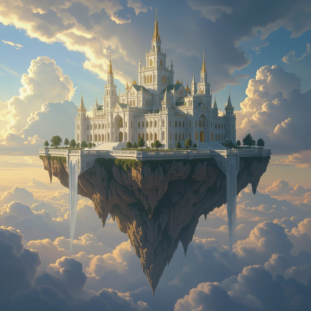 Majestic Flying Island Palace in Dramatic Sky