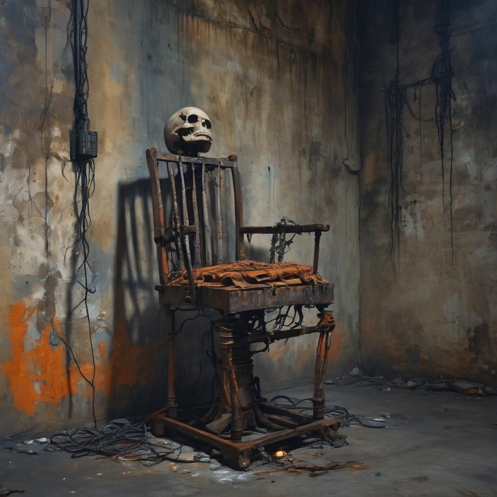 Electric Chair and Skeleton in Gothic Surrealism Style