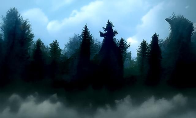 Eerie Dark Forest with Monster in Clouds