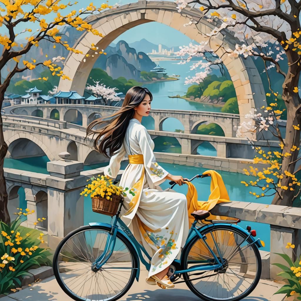 Vietnamese Woman in Ao Dai Dress, Abstract Surrealism Art