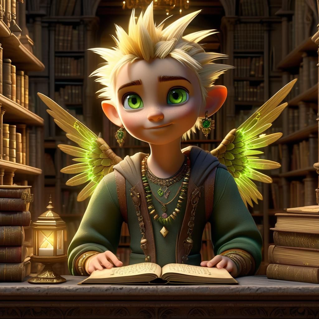 Punky Pixie in Magical Library: 3D Digital Art