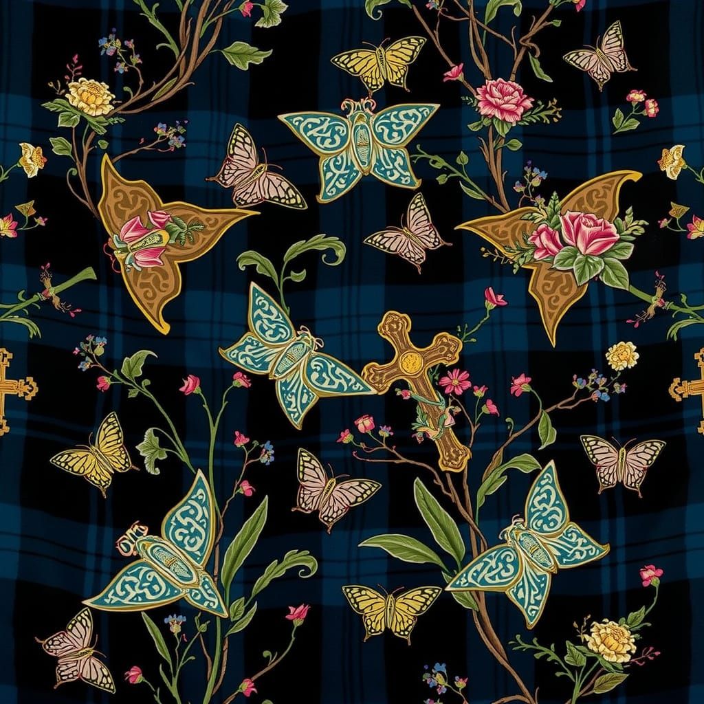 Luxurious Clergy Tartan Fabric with Celtic Crosses and Flora...