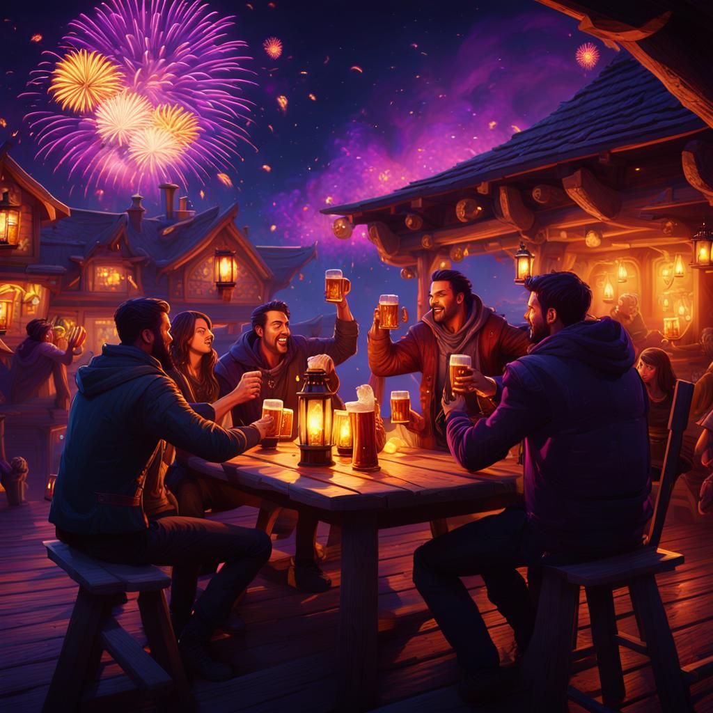 Friends Toasting Under Fireworks, Dark Fantasy Art