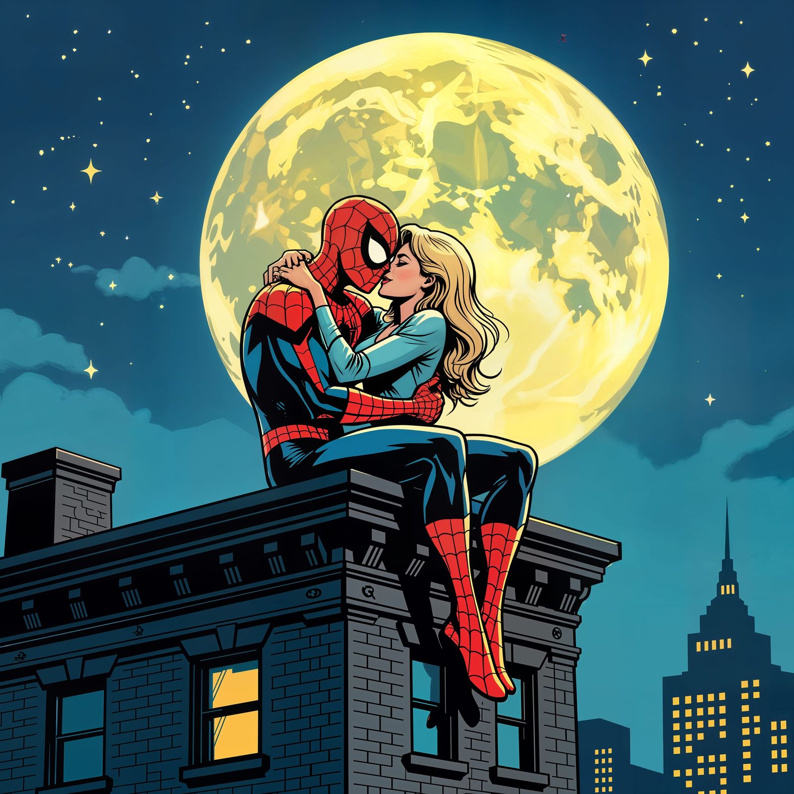 Spiderman Hugs Gwen Stacy Singing on Building Ledge Retro Co...