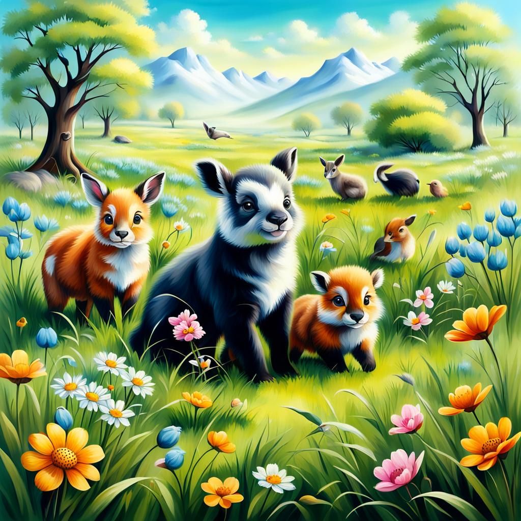 Spring Meadow with Cute Animals: Oil Painted Airbrush