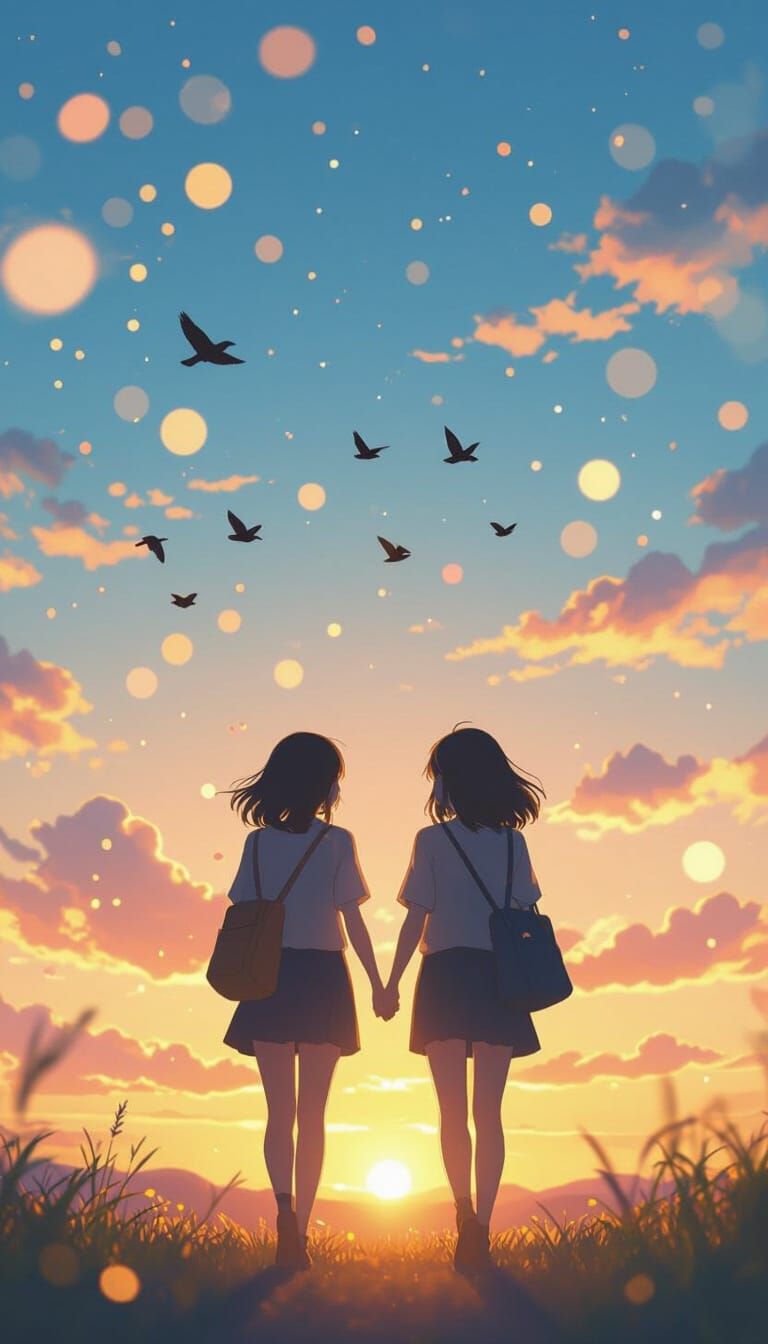 Friends Walking at Sunset: Dreamy Pastel Art