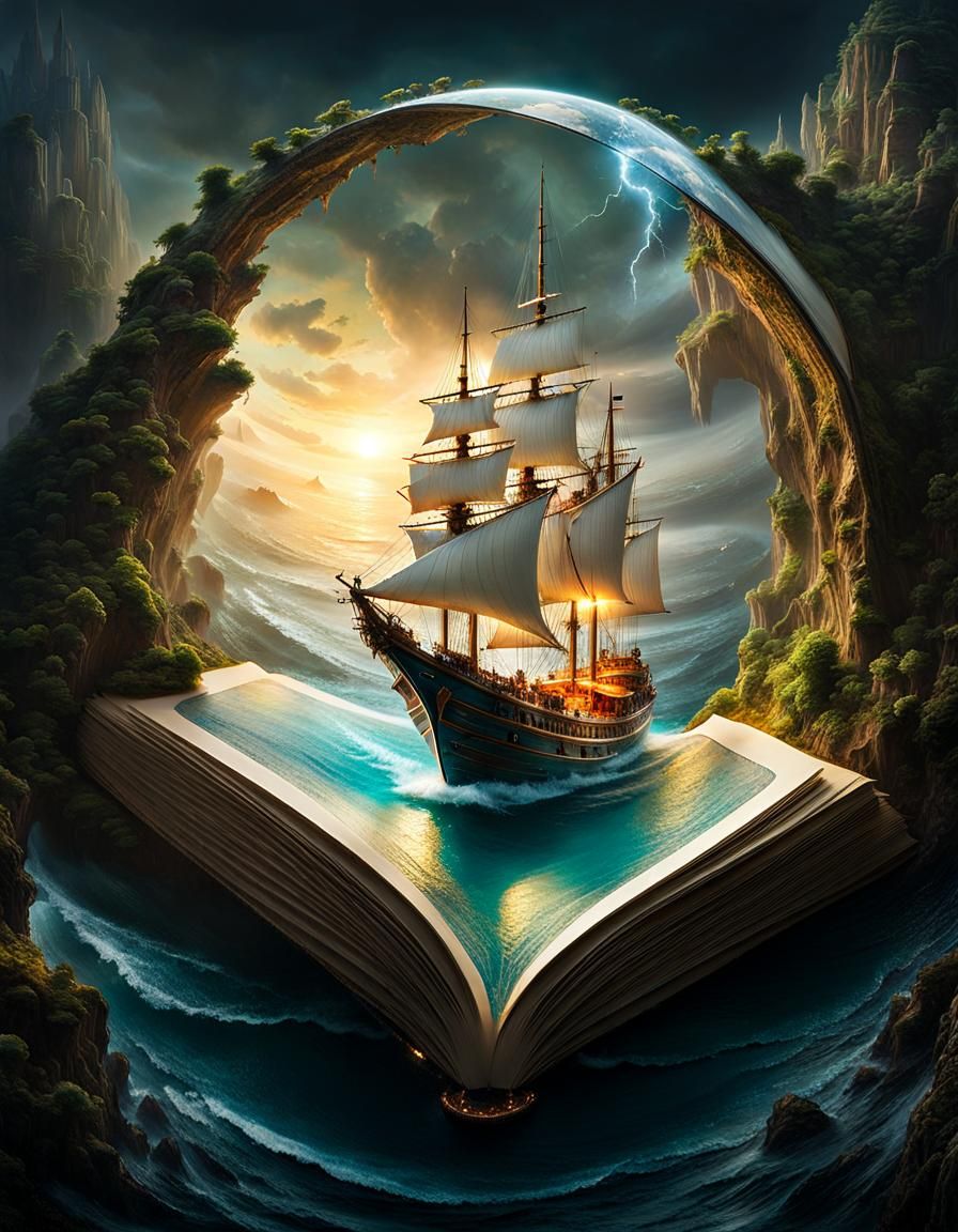 Miniature Yacht Sails on Magical Ocean Portal