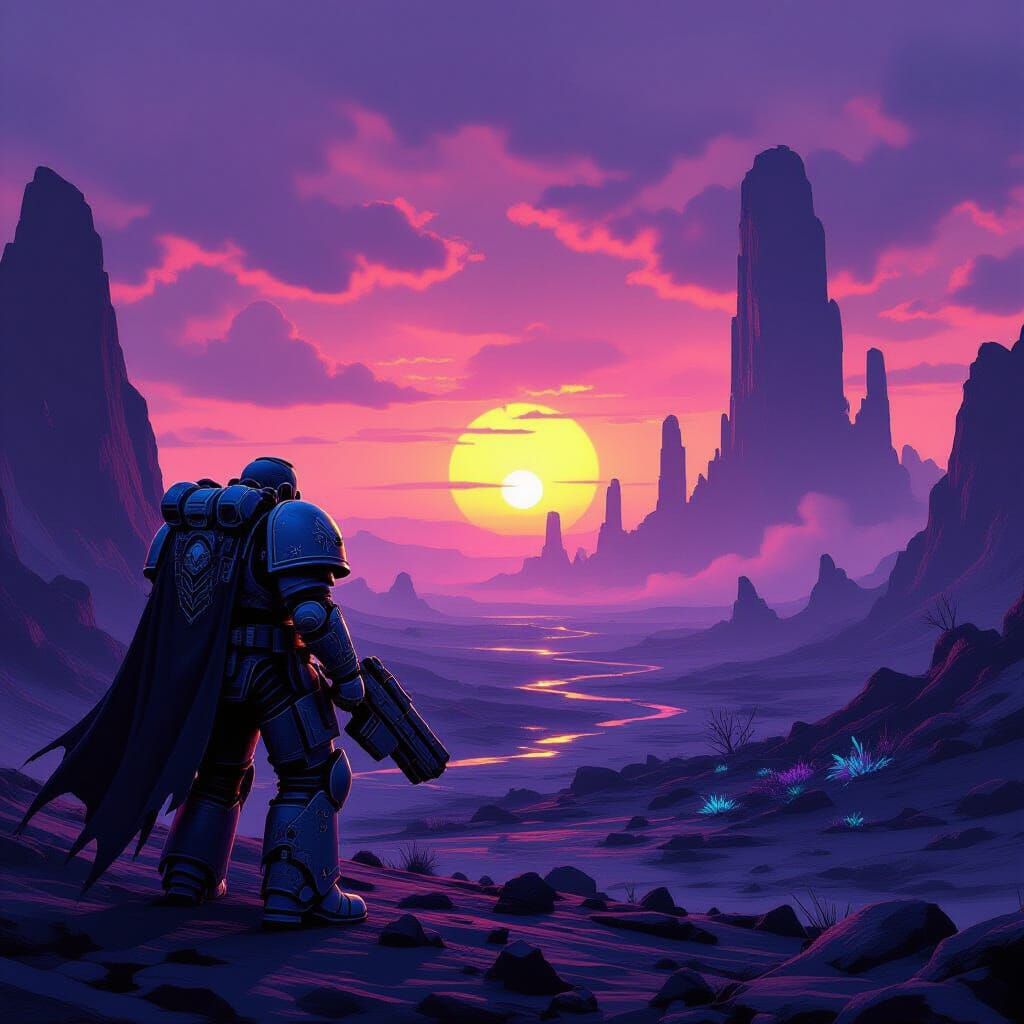 Space Marine on Alien Planet Under Binary Sunset