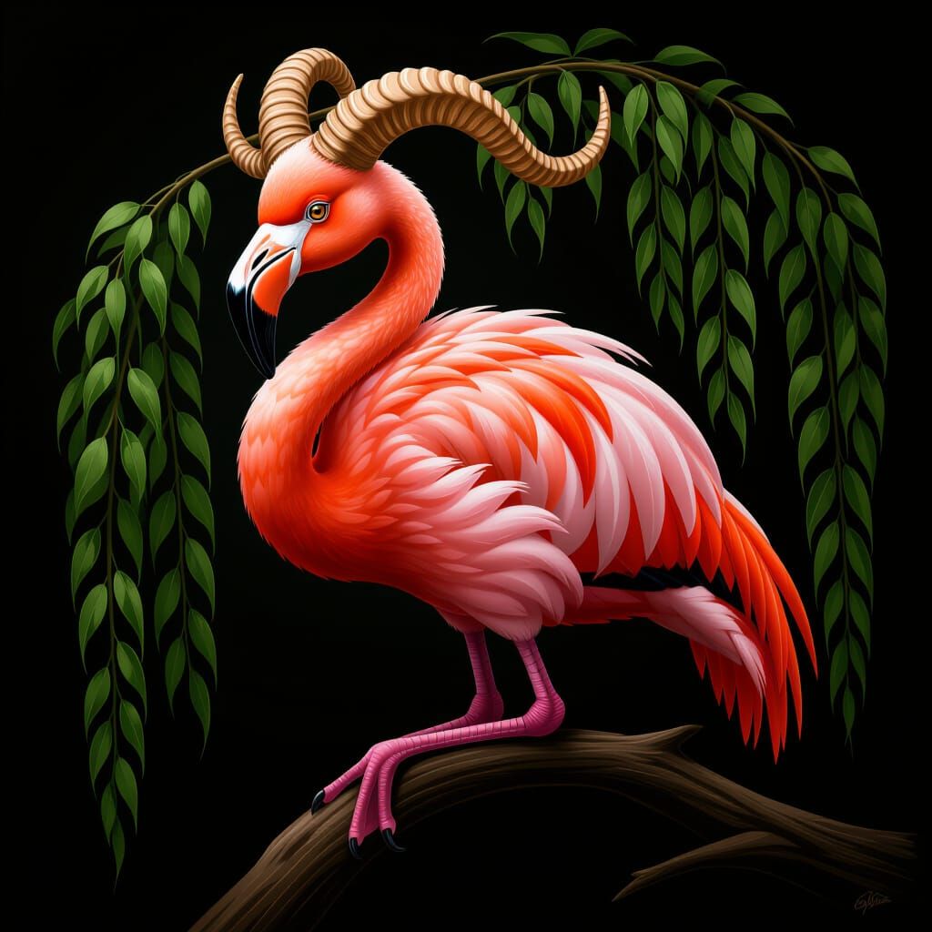 Surreal Flamingo-Lion Hybrid on Weeping Willow Branch