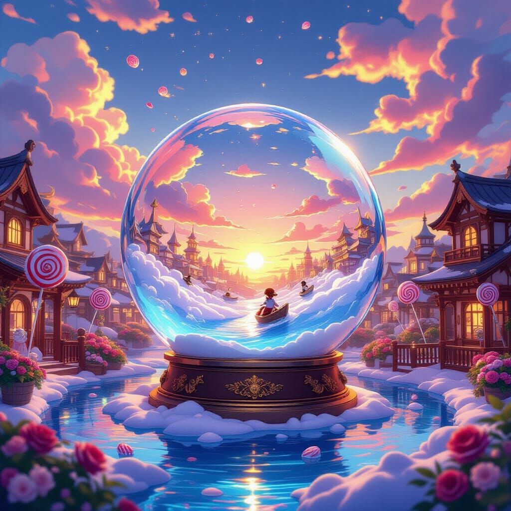 Magical Candy City Inside Crystal Ball at Sunset
