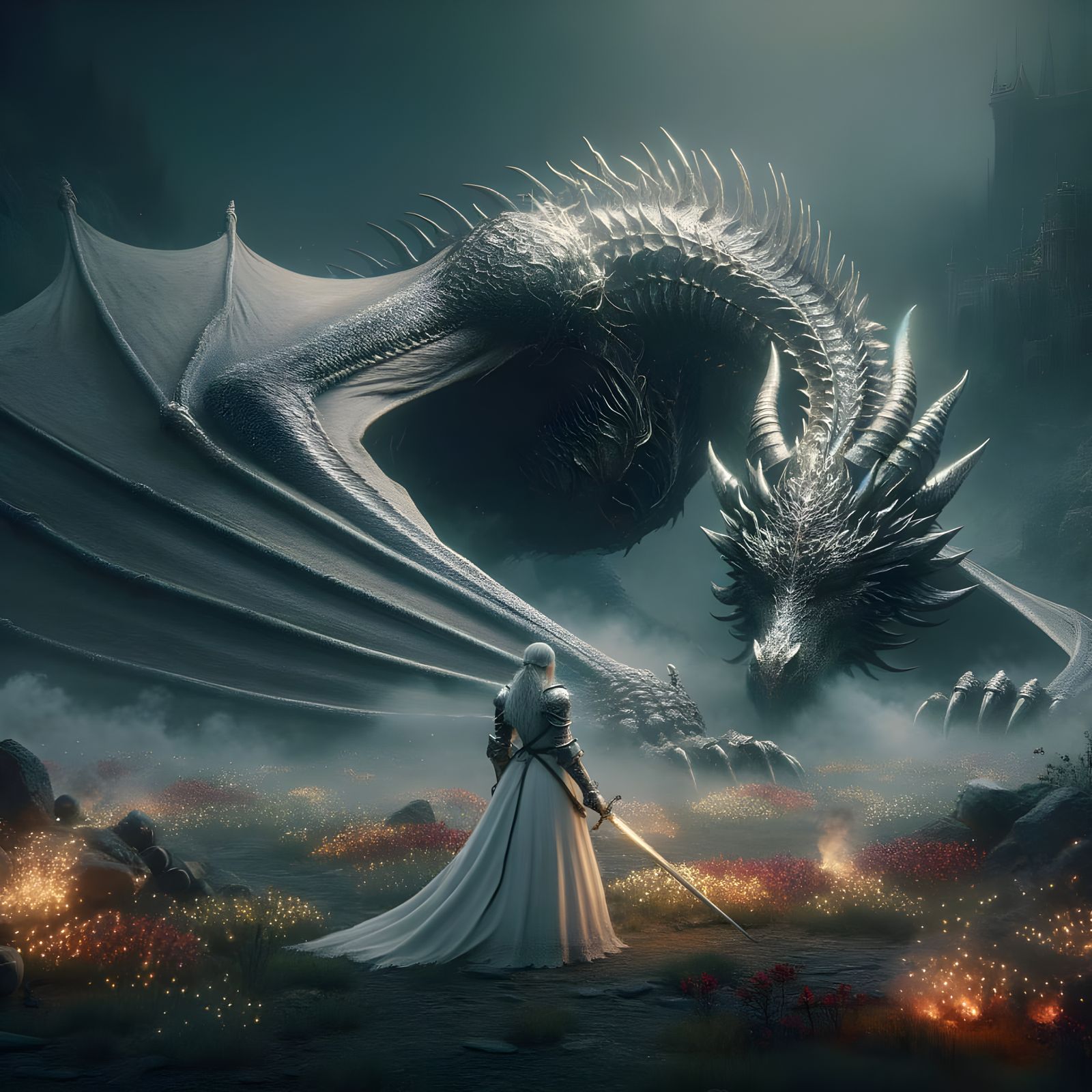 Knight vs Dragon in Gloomy Landscape