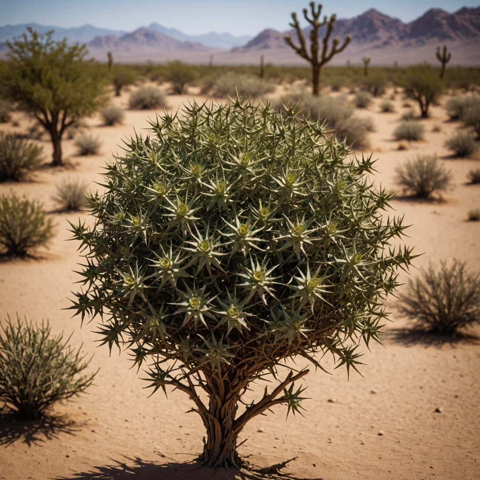 Vibrant Thorn Bush in Full Spin Amidst Desert Dunes