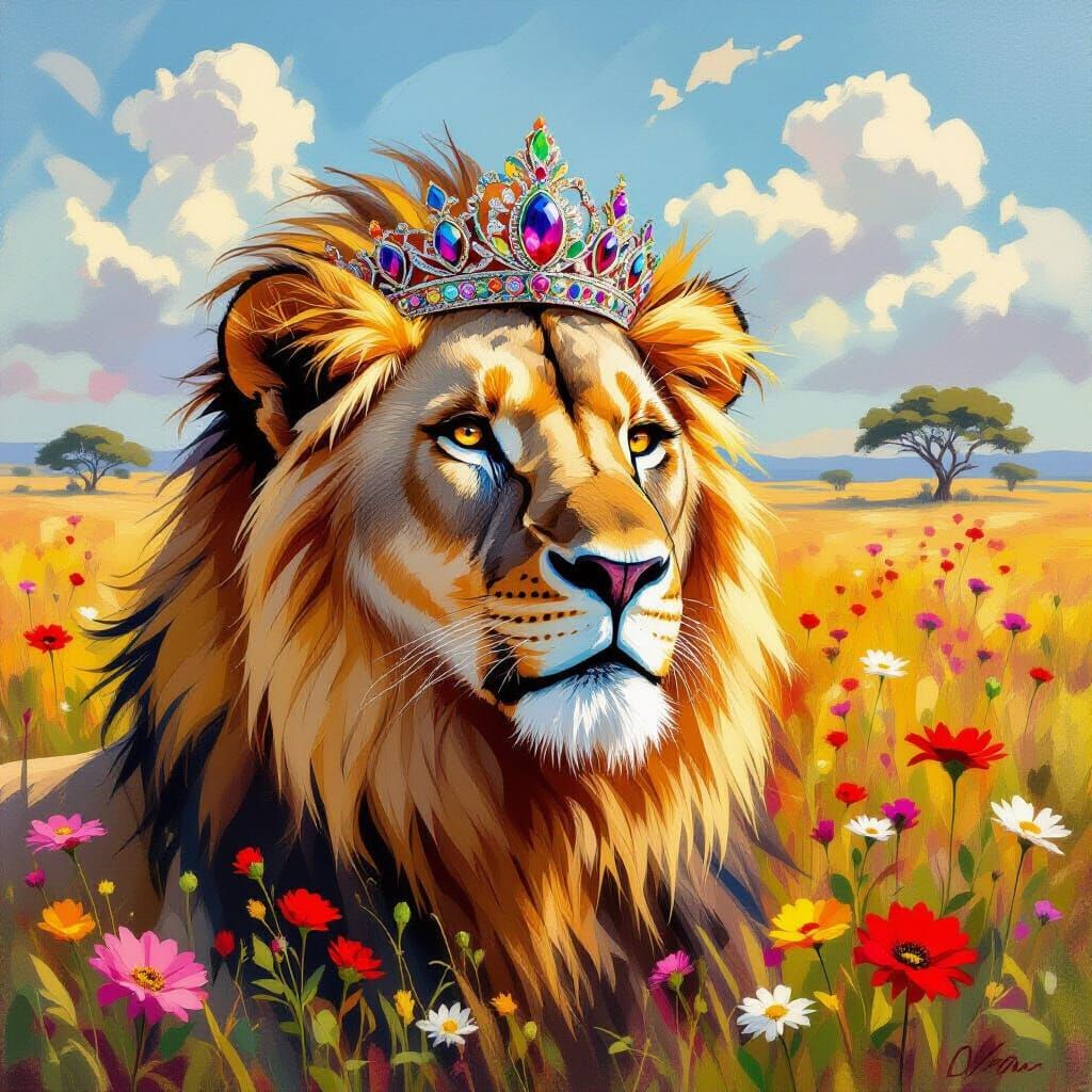 Majestic Lioness in Jewel Tiara on Sunlit Savanna