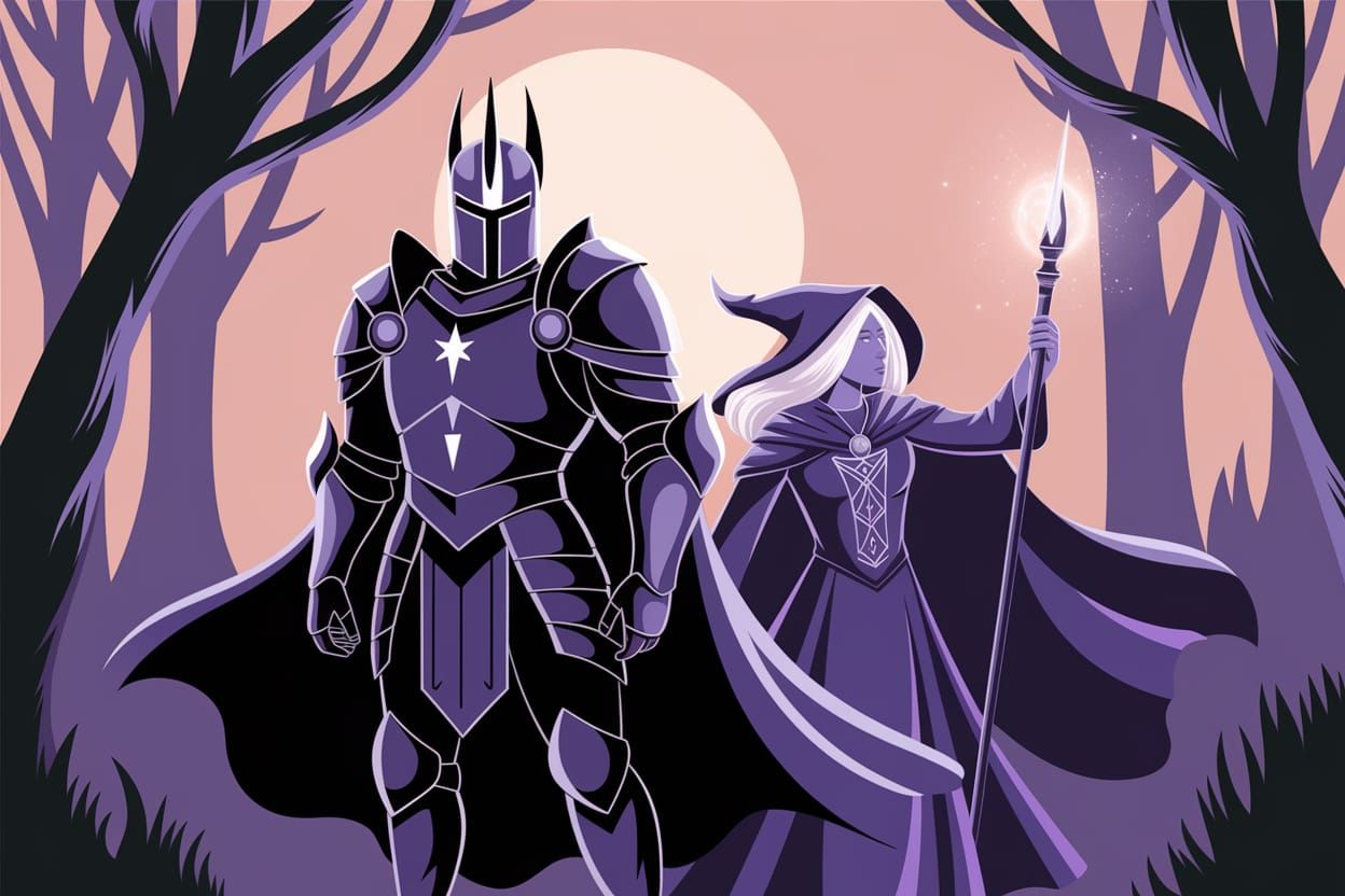 Gothic Knight and Enchantress in Moonlit Forest