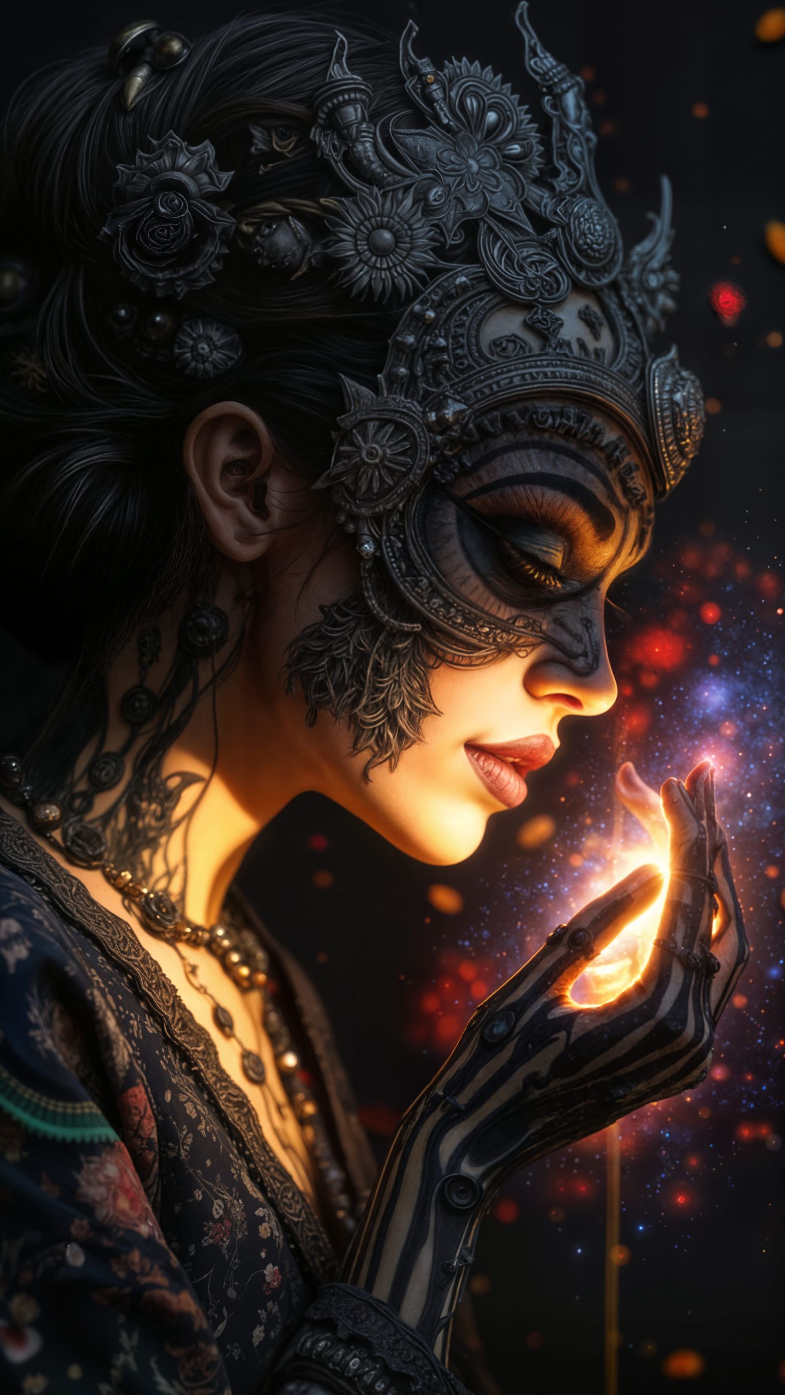 Sorceress Skeleton Conjuring Nebulae in Maximalist Style