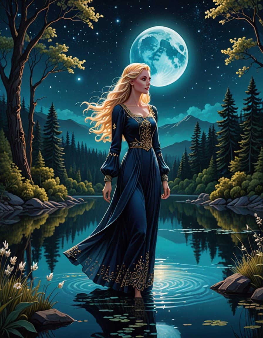 Cosmic Maiden Beside Moonlit Forest Lake
