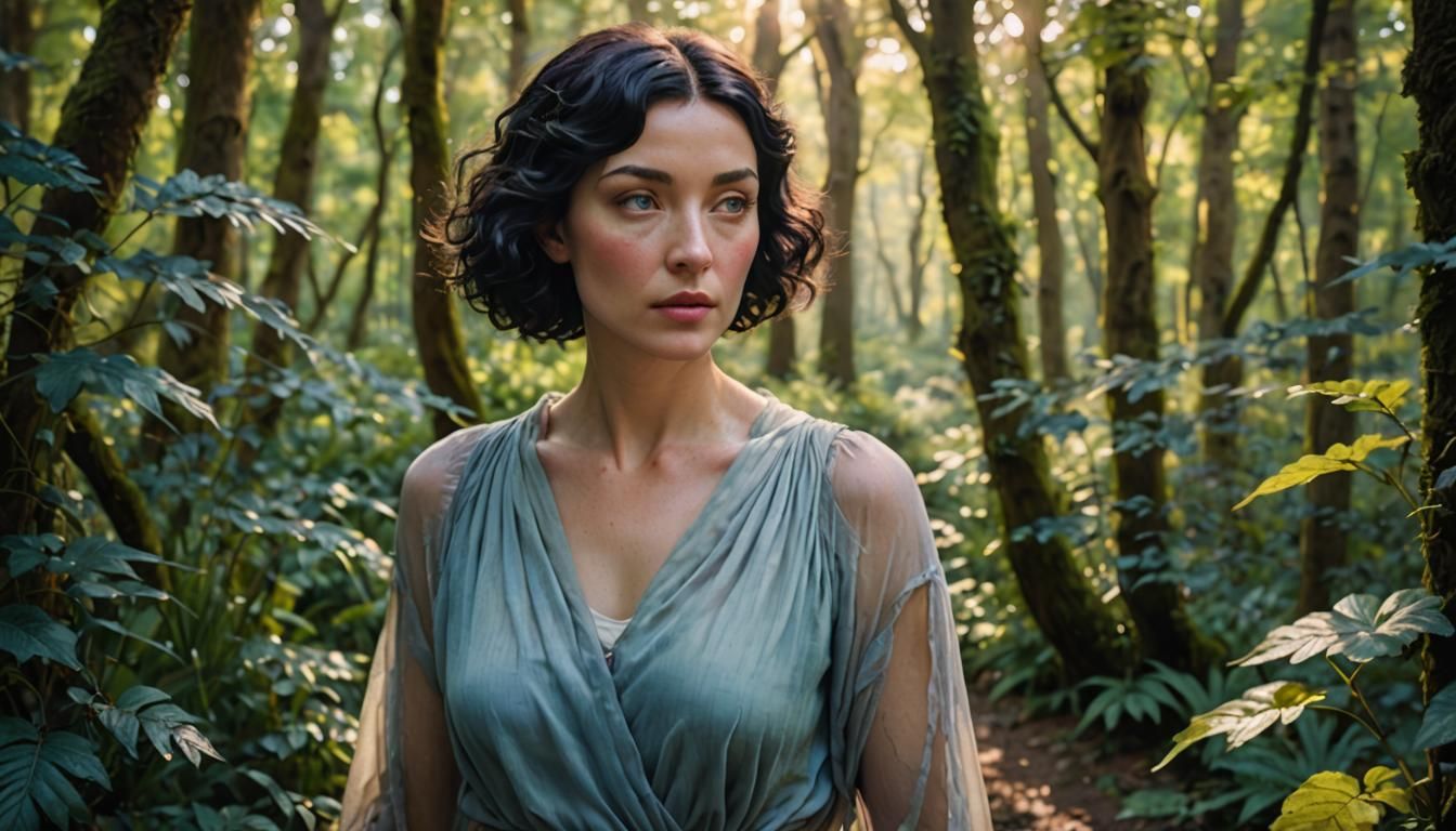 Botticelli Woman in Mystical Forest at Golden Hour