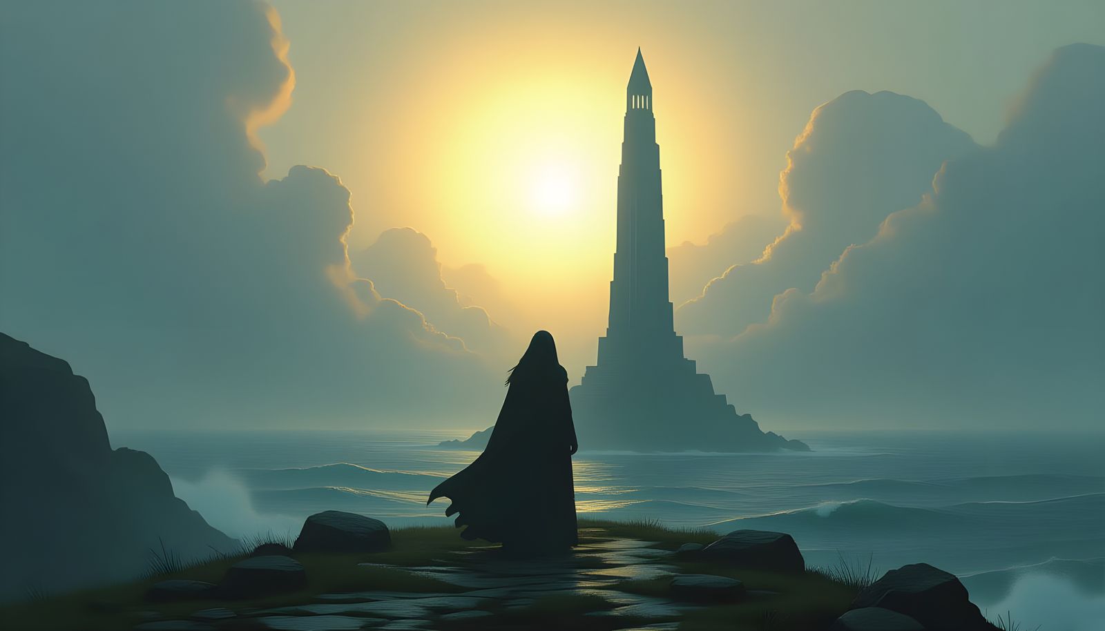 Mystical Woman at Tower Doorway in Dreamlike Landscape