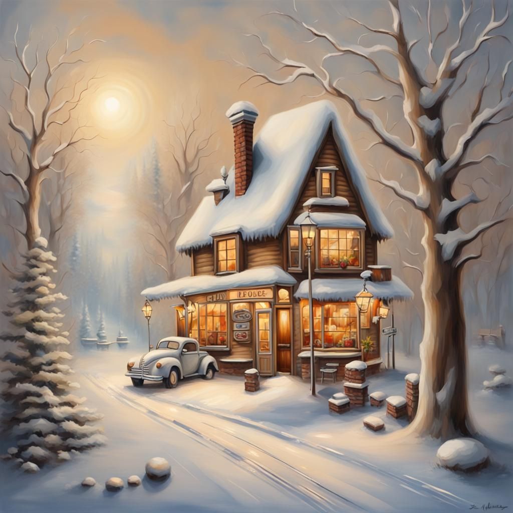 Winter Coffee House in Soft Oil Painting Style