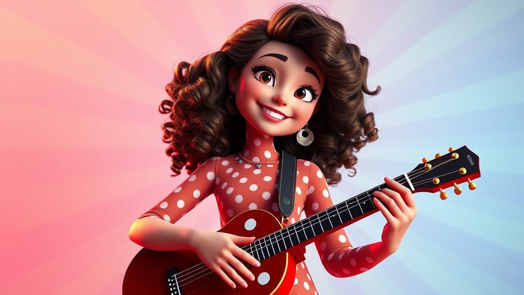 Smiling Woman with Polka Dot Guitar as 3D Art