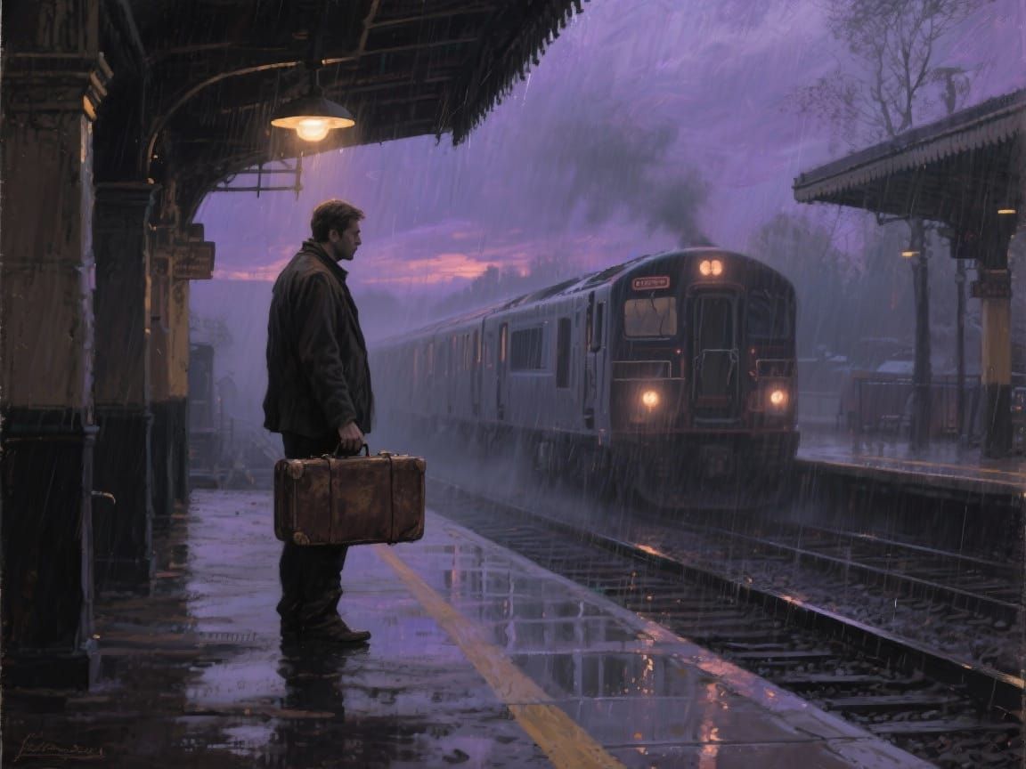 Melancholic Twilight Train Station Painting