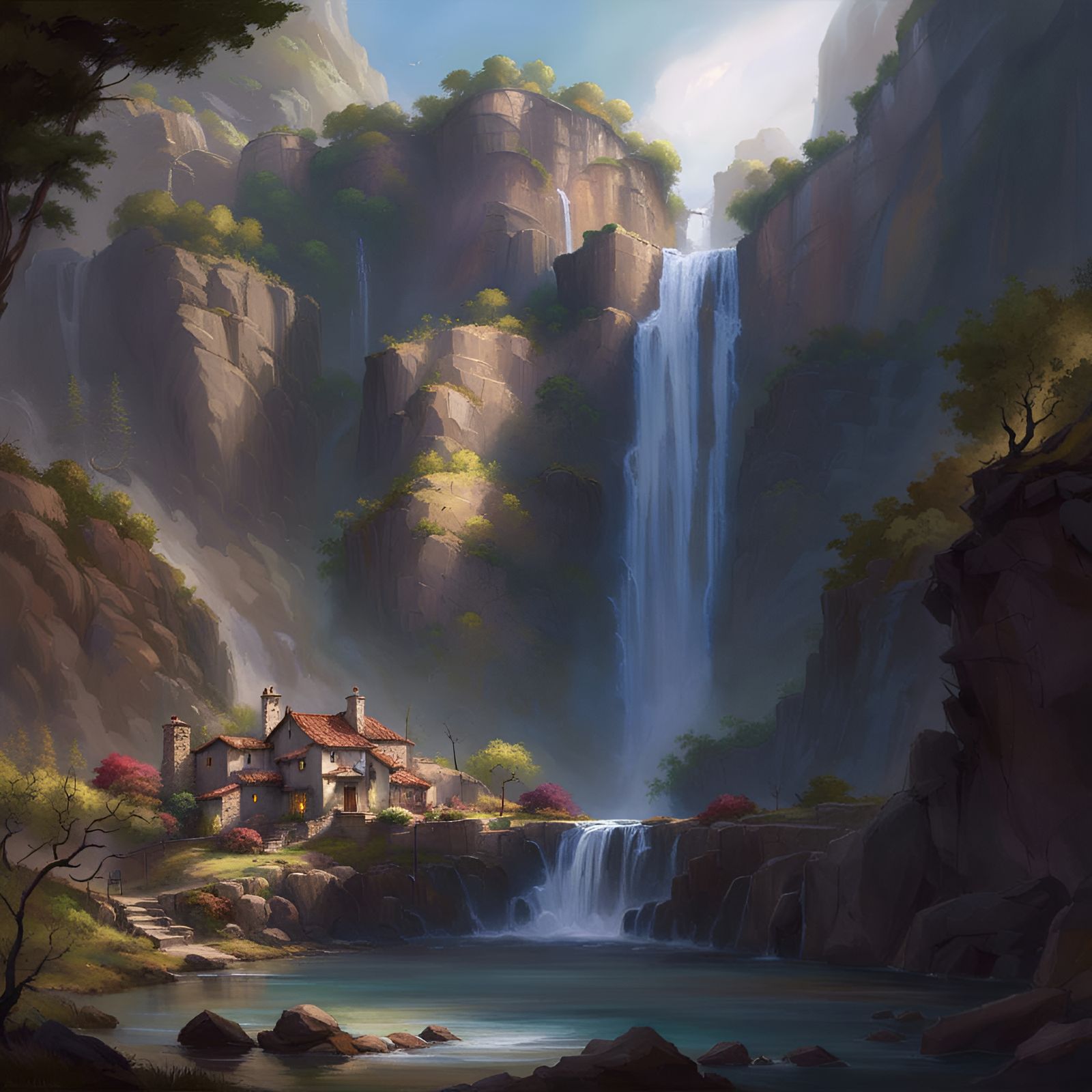 Cliffside Village Waterfall in Dark Fantasy Style