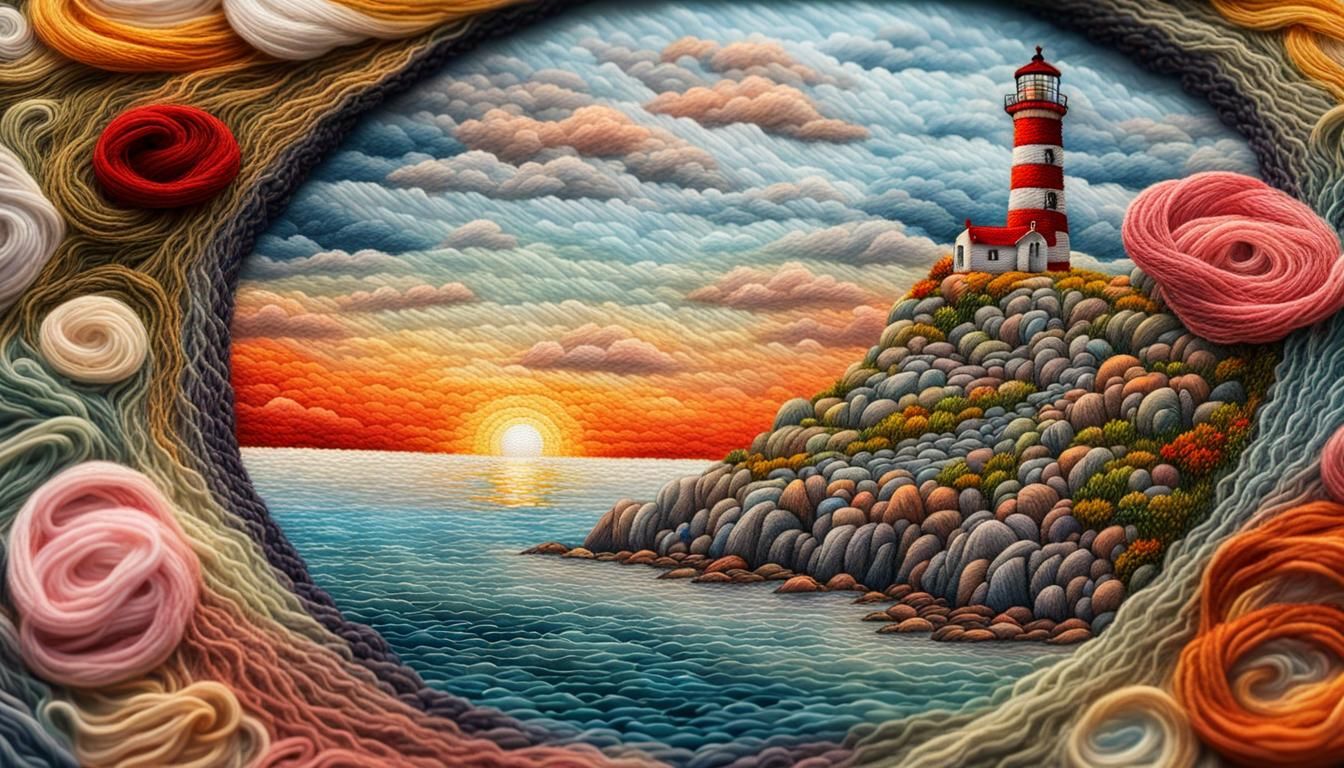 Embroidered Lighthouse at Sunset: Glittery Mixed Media Art