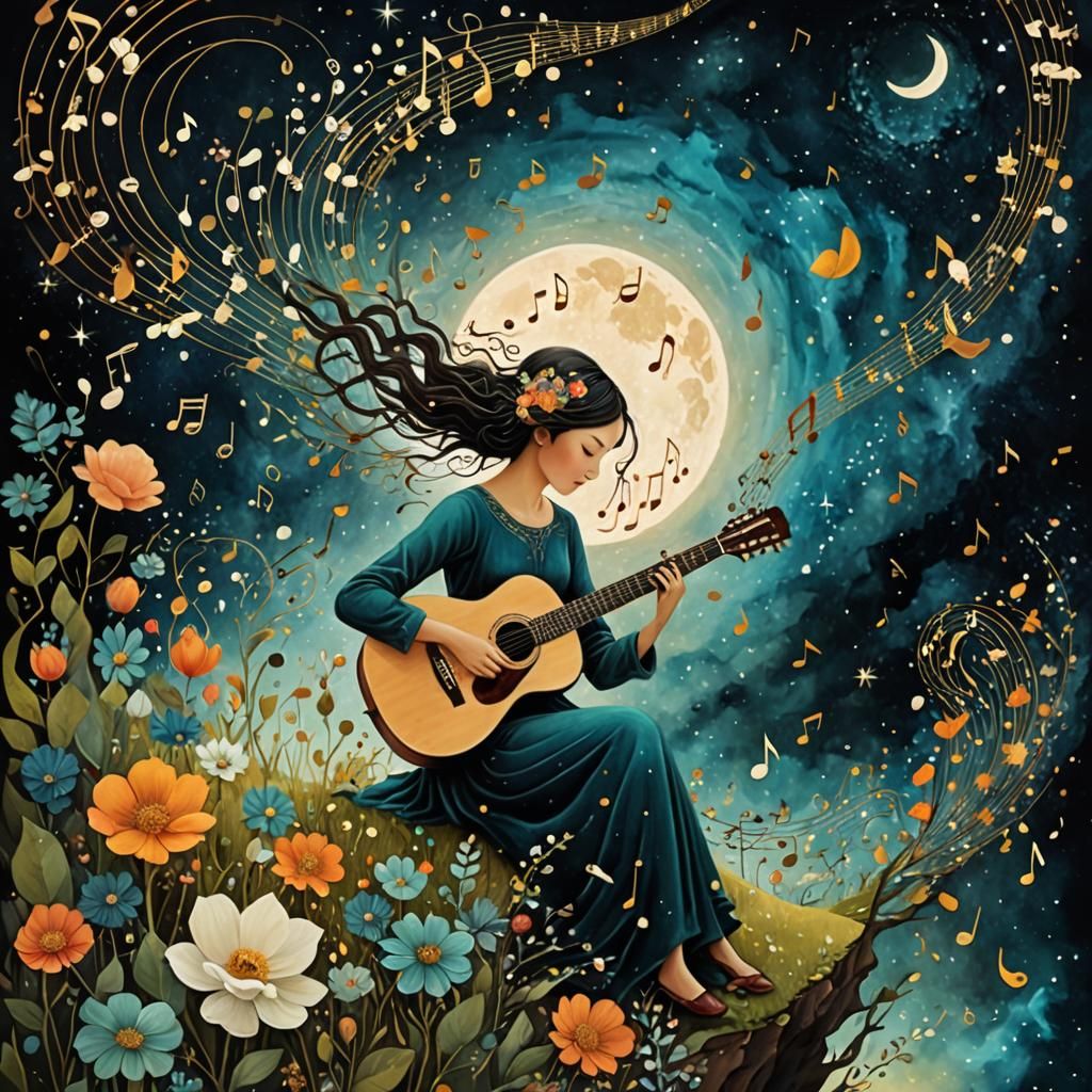 Dreamy Music Girl Guitar Collage in Watercolor Style