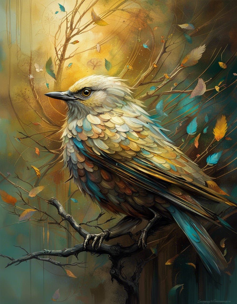 Songbird and Musical Notes in Magical Realism Style