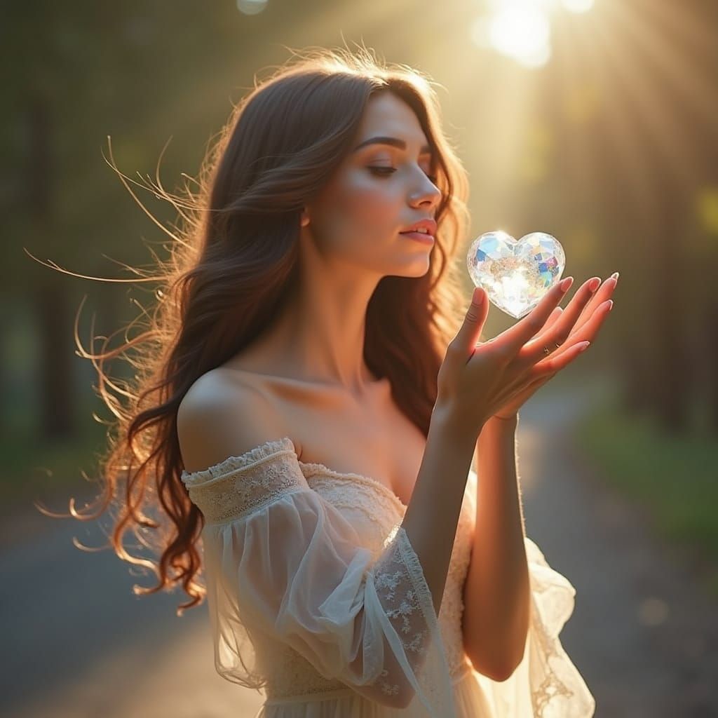 Ethereal Woman Holding Heart-Shaped Crystal in Vibrant Surre...