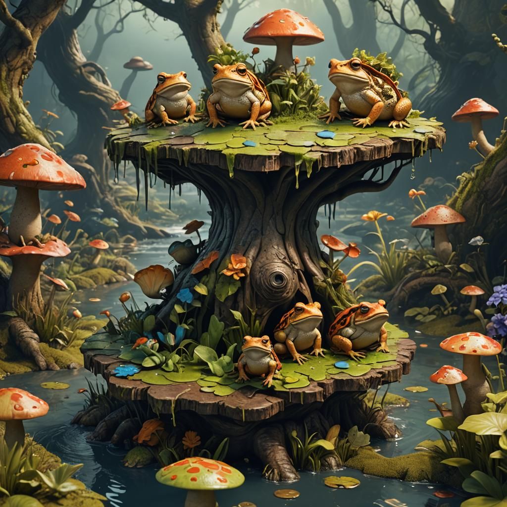 Toads on Toadstools in Pop-Up Book Style