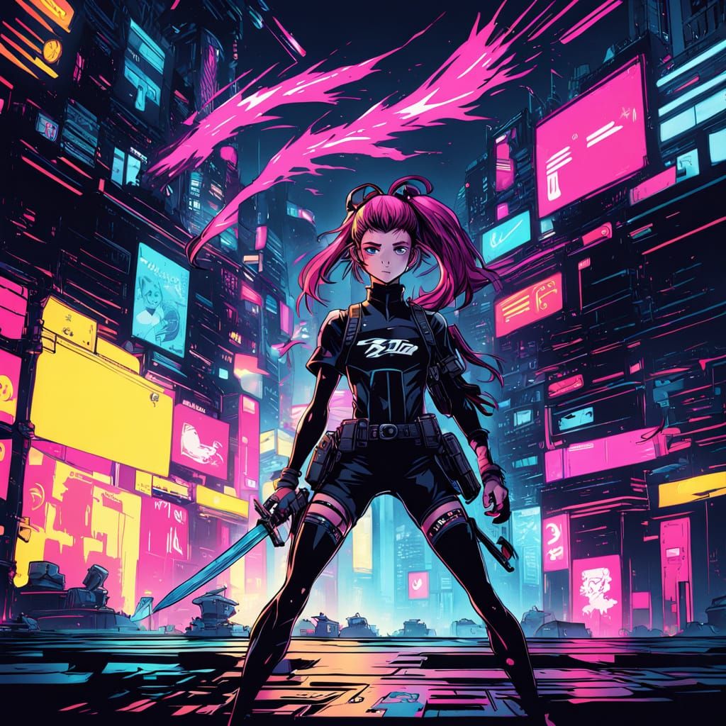 Cyberpunk Ninja with Blazar Sword in Anime Style