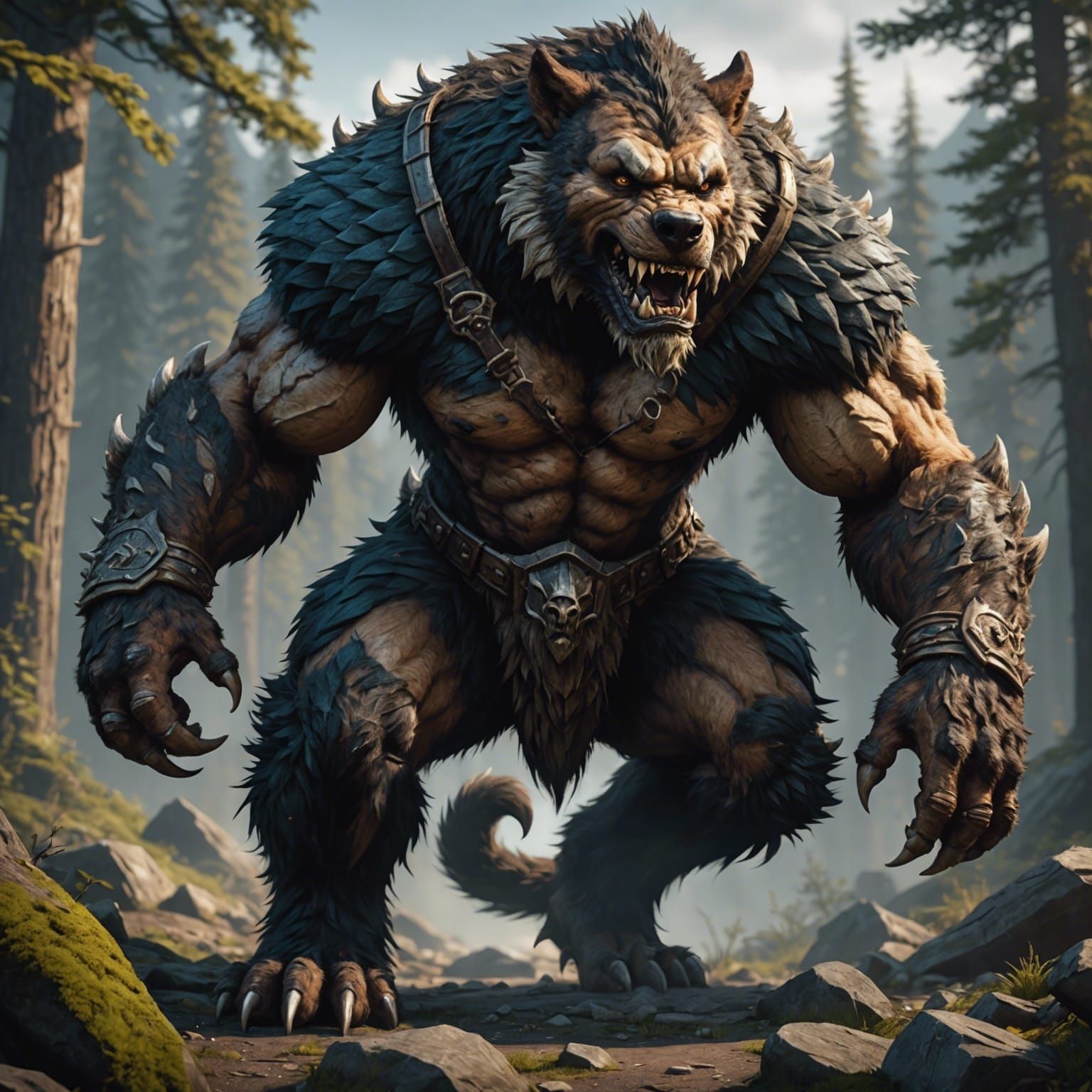 Giant Muscular Gnoll Werewolf in Detailed Matte Painting