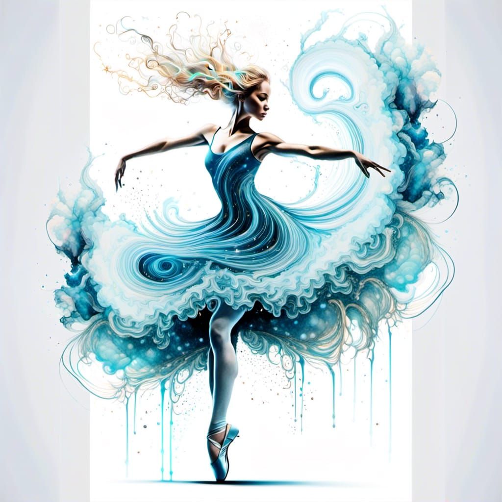 Ethereal Ballerina in Sky-Blue Smoke, Ink Drawing