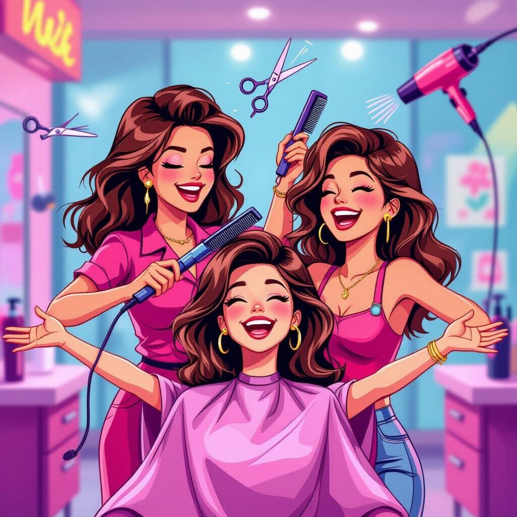 80s Hair Salon Scene: Hairdresser Dances While Styling Clien...