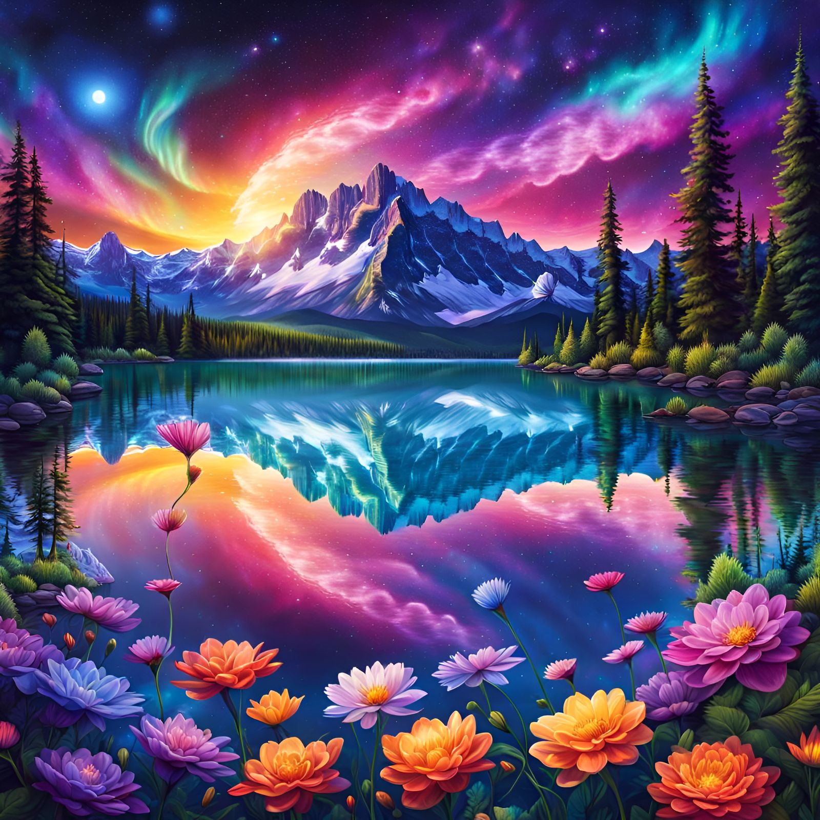 Magical Galaxy Lake Reflecting Aurora: Digital Painting