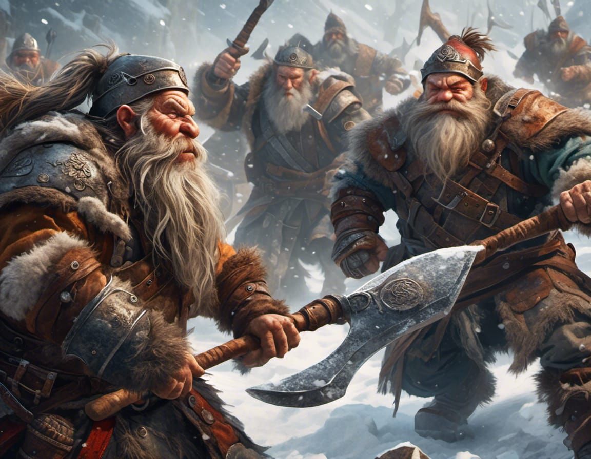 Hyperrealistic Dwarf Warriors Battle in Snowy Landscape